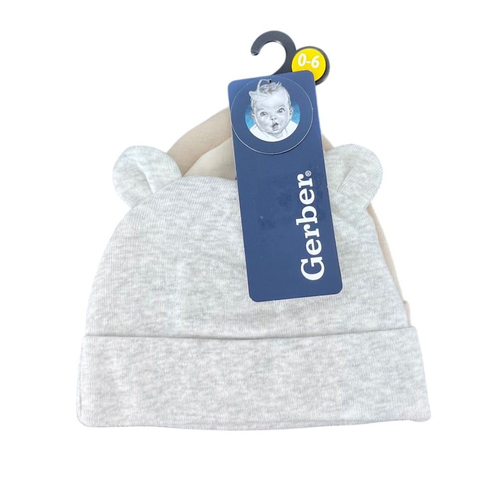Gerber‎ Beanie Cap Set Kids 0-6M Grey Beige 3-Pack Cotton Bear Ears 3 Pack